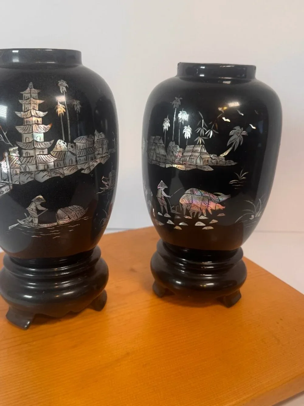 Vintage black lacquer vase/vessel with traditional East Asian-style inlay
